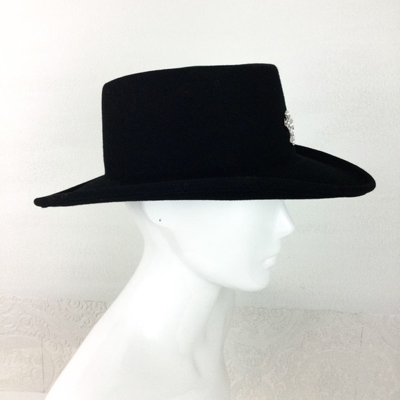 Vintage black 100% wool crushable hat bling cross boho western adult medium - Picture 3 of 13